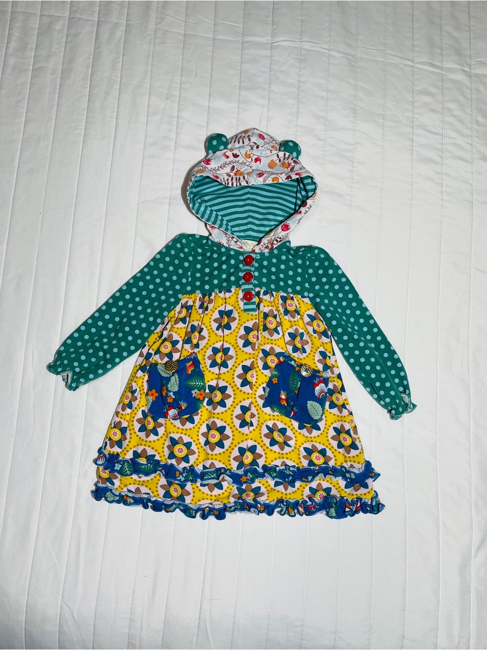 Matilda Jane Teal Polka Dot and Yellow Floral Kids Dress with Red Buttons